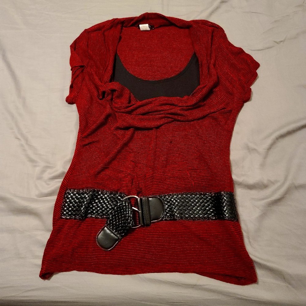 ** 2 for $25 ** Red/Black Double Layered Shirt with Black Belt